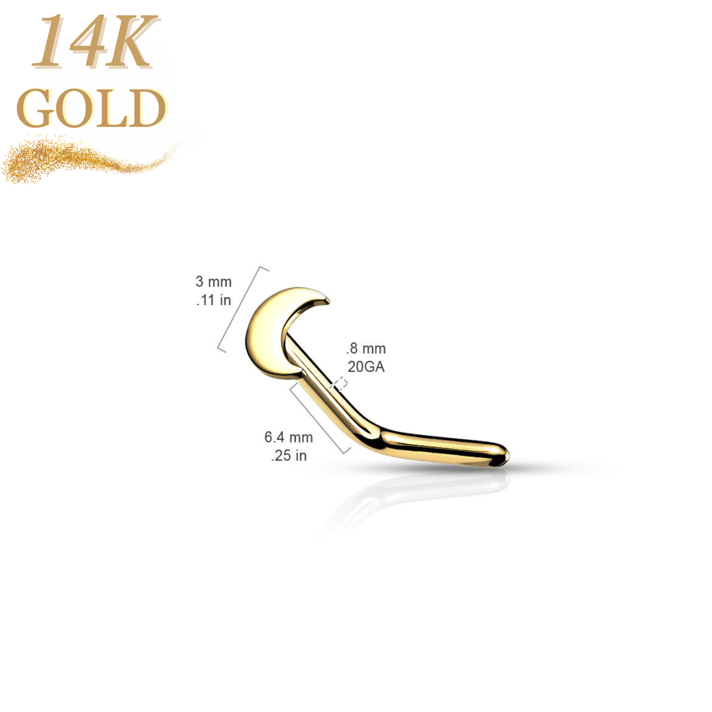 14K Gold L Bend Nostril Stud w/ Crescent Moon