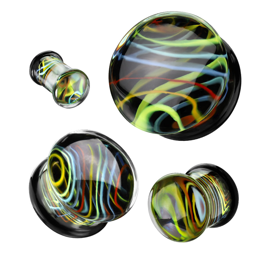 Glass Plug, Double Flare Rainbow Swirl/Black
