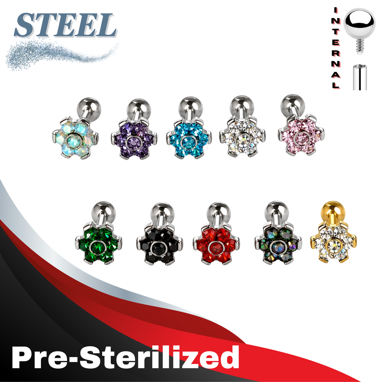 Lovisa - Pre-Sterilized Surgical Steel Internally Threaded Labret w/ CZ Set Flower Top
