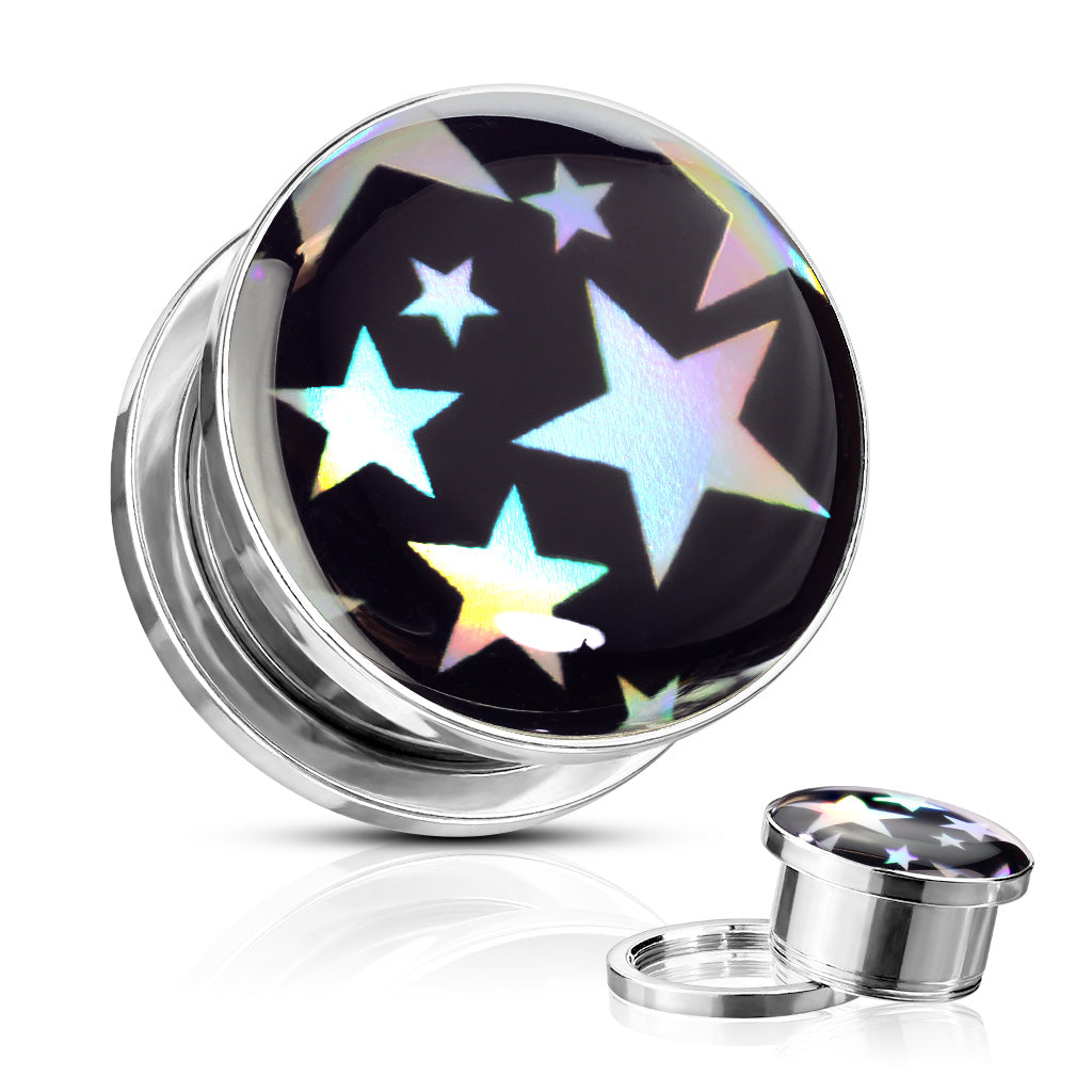 Surgical Steel Plug, Screw Fit Tunnel w/ Stars Hologram Front