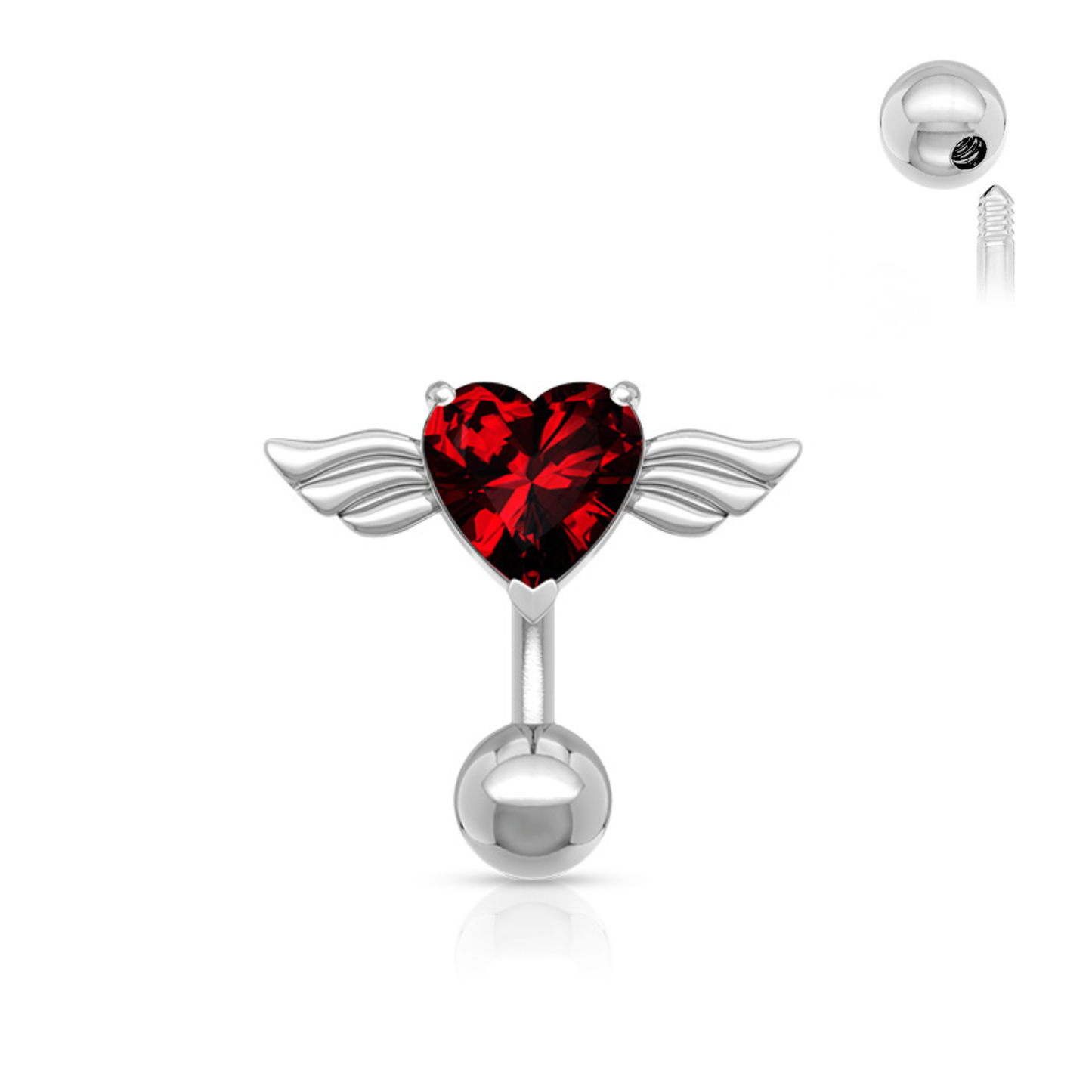 Surgical Steel/Brass Externally Threaded Belly Banana Angel Winged CZ Heart Top Down