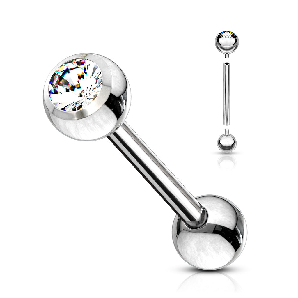 Surgical Steel Internally Threaded Barbell with One CZ Bezel End