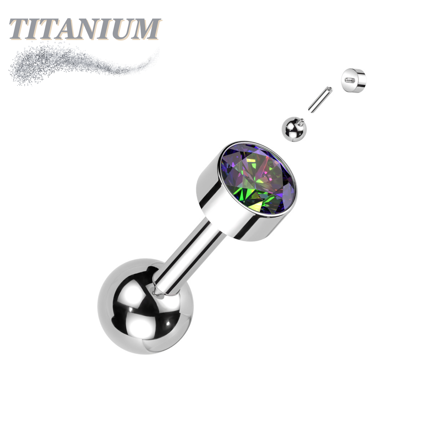 Titanium Internally Threaded Cartilage Barbell with Premium Round Bezel Set CZ