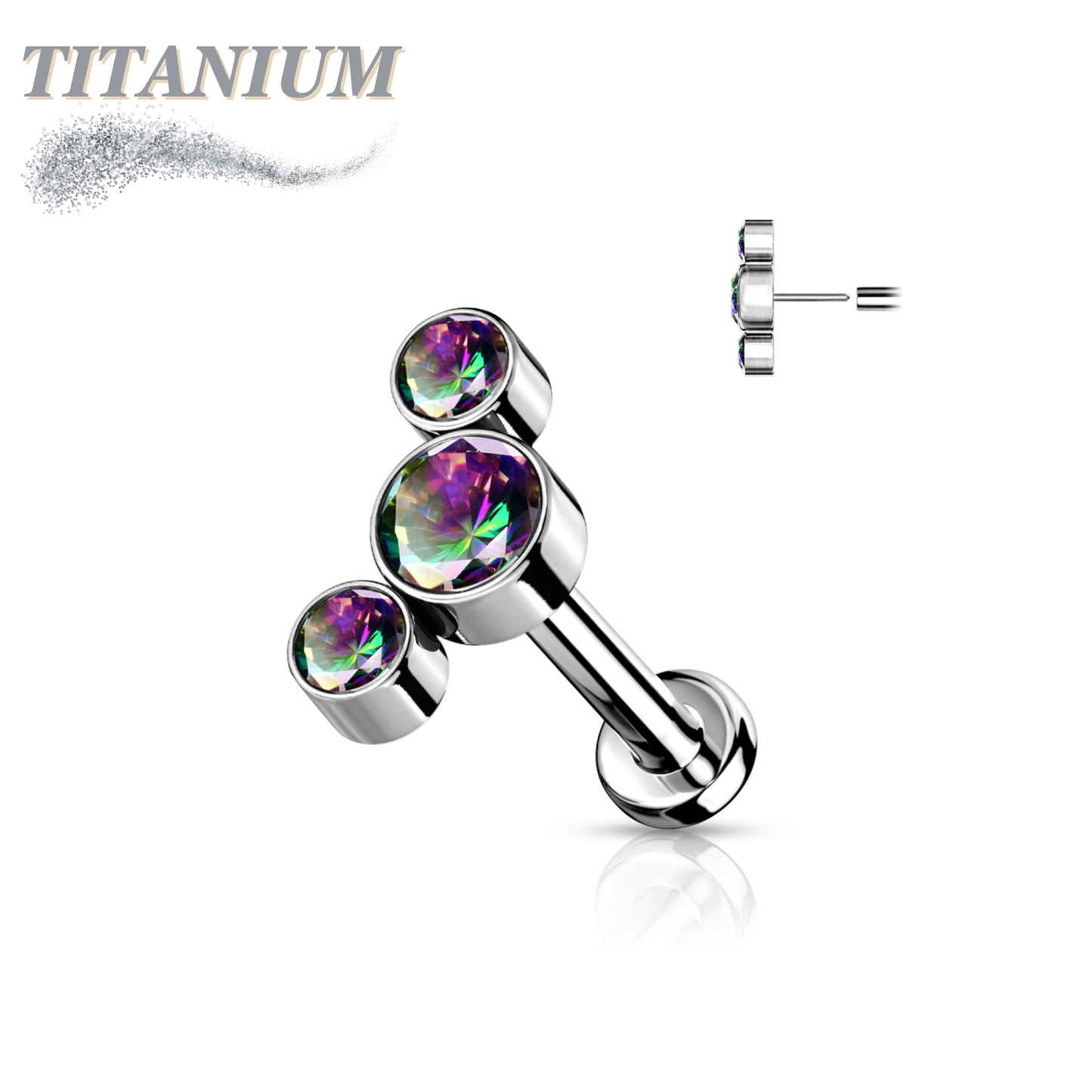 Titanium Threadless Flat Back Labret Combo with 3 CZ Bezel Curve Top