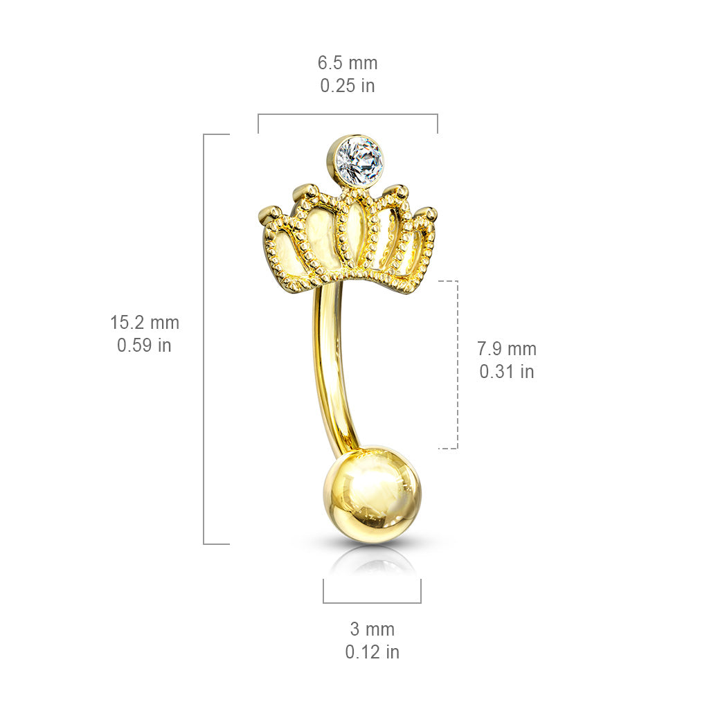 Surgical Steel Externally Threaded Curved Barbell w/ Crown Crystal Feature