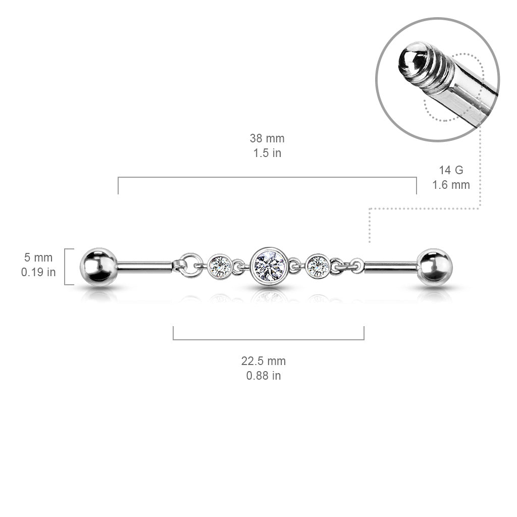 Surgical Steel/Brass Externally Threaded Industrial with Triple Round CZ Chain Middle (CLEARANCE)