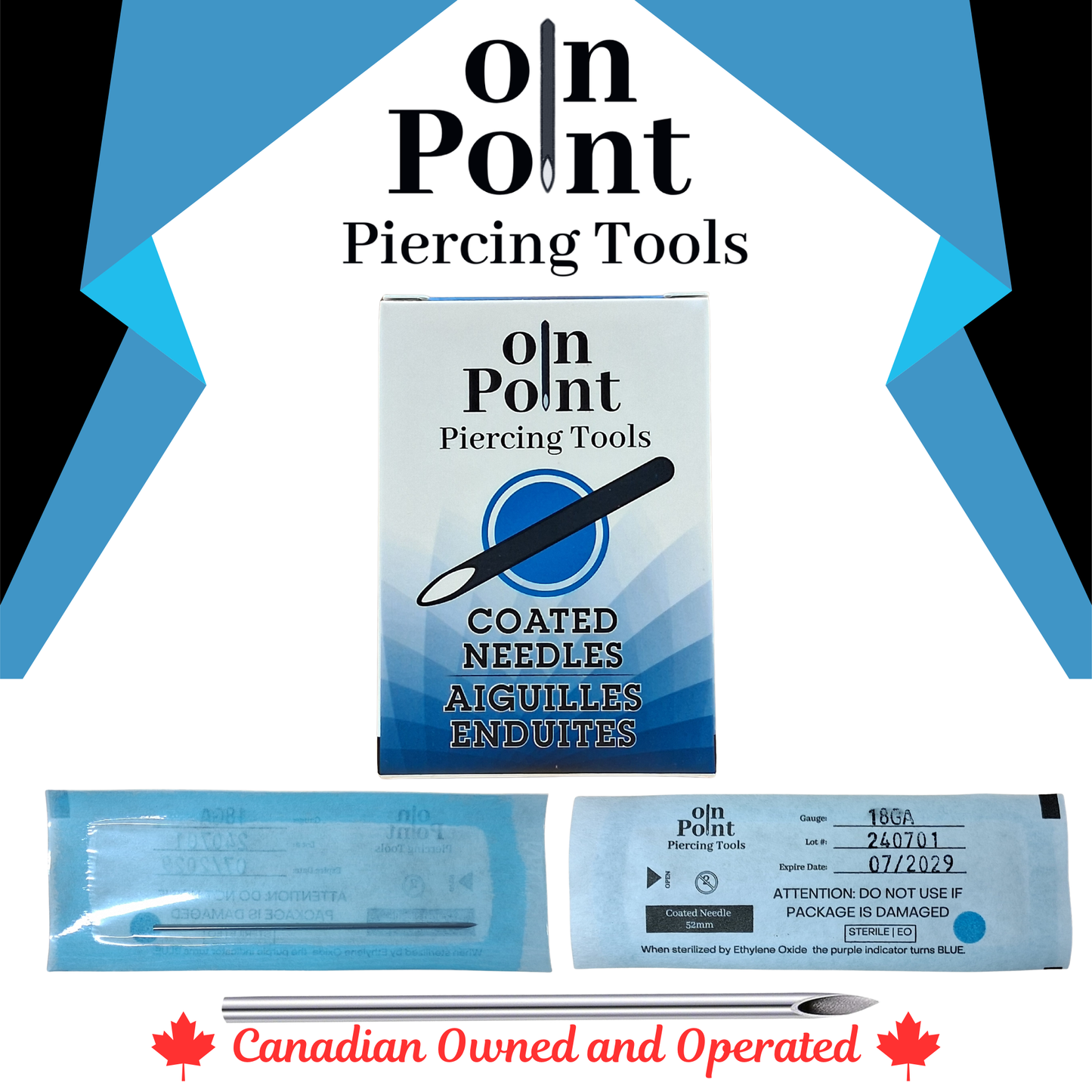 On Point Pre-Sterilized Straight 2" (48mm) Piercing Needles - 100/Box