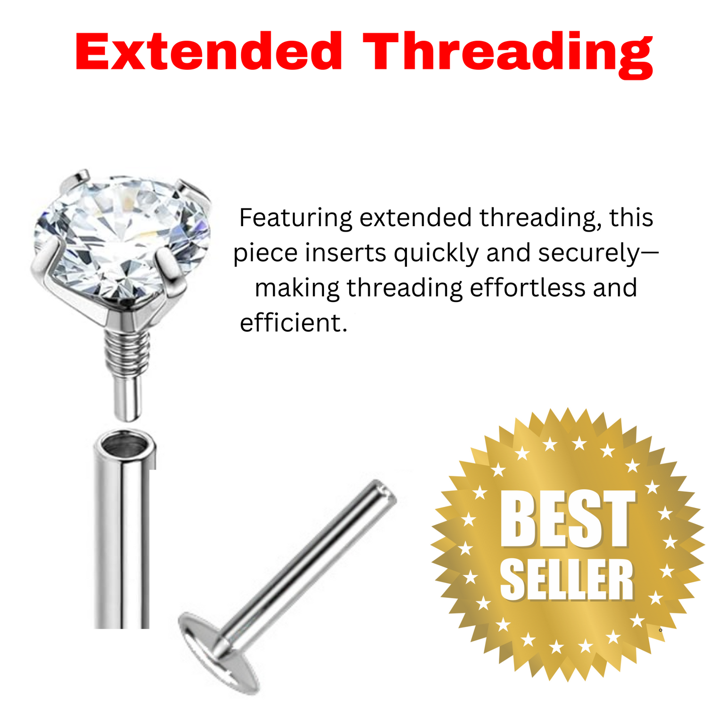 Titanium Internal Thread Prong CZ  EASY FIT Labret with Extended Threading