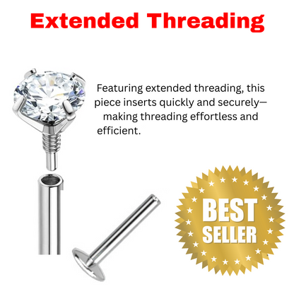 Titanium Internal Thread Prong CZ  EASY FIT Labret with Extended Threading