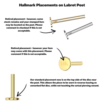 14K Gold Threadless Labret Flat Back Stud (Post Only) 3mm Base