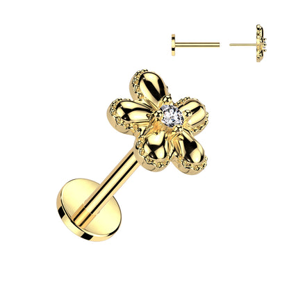 Surgical Steel/Brass Threadless Flower Top w/ CZ Middle Labret Combo (CLEARANCE)