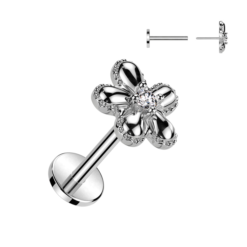 Surgical Steel/Brass Threadless Flower Top w/ CZ Middle Labret Combo (CLEARANCE)