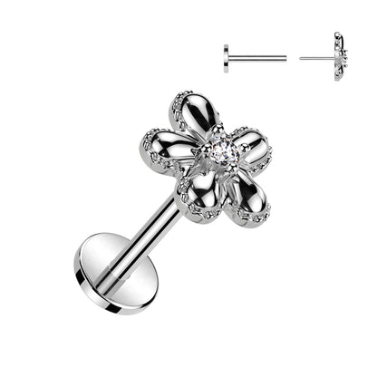 Surgical Steel/Brass Threadless Flower Top w/ CZ Middle Labret Combo (CLEARANCE)