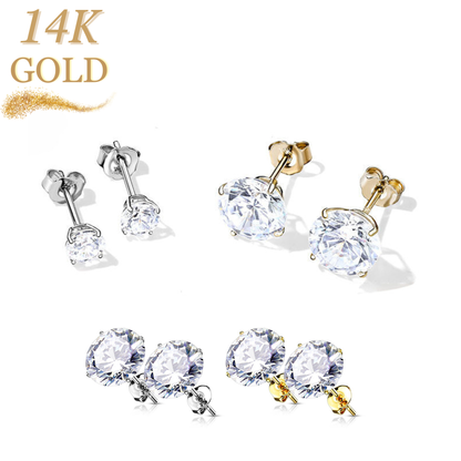 14K Gold Earrings with Round CZ in Prong Setting
