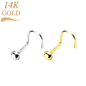 14K Gold L Bend Nostril Stud with 2mm Dome