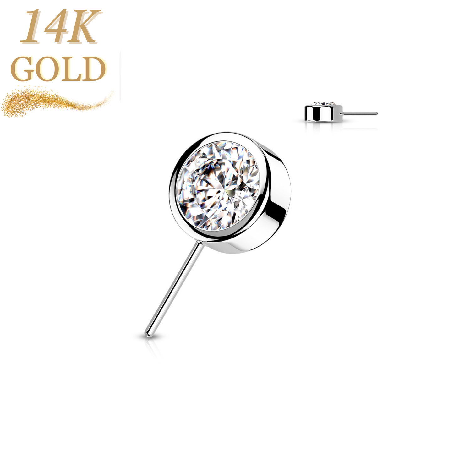 14K Gold Threadless Front Facing Bezel Set CZ (Top Only)