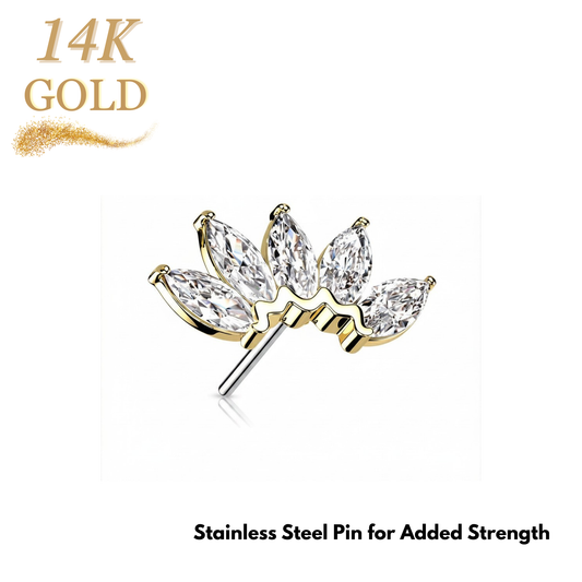 14K Gold Threadless Push In 5 CZ Marquise Curved Fan (Top Only)