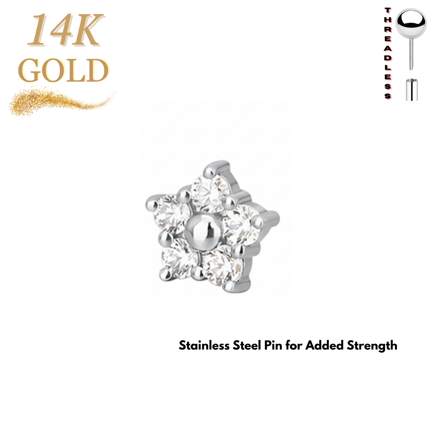 14K Gold Threadless 5 Marquise CZ Petal Flower (Top Only)