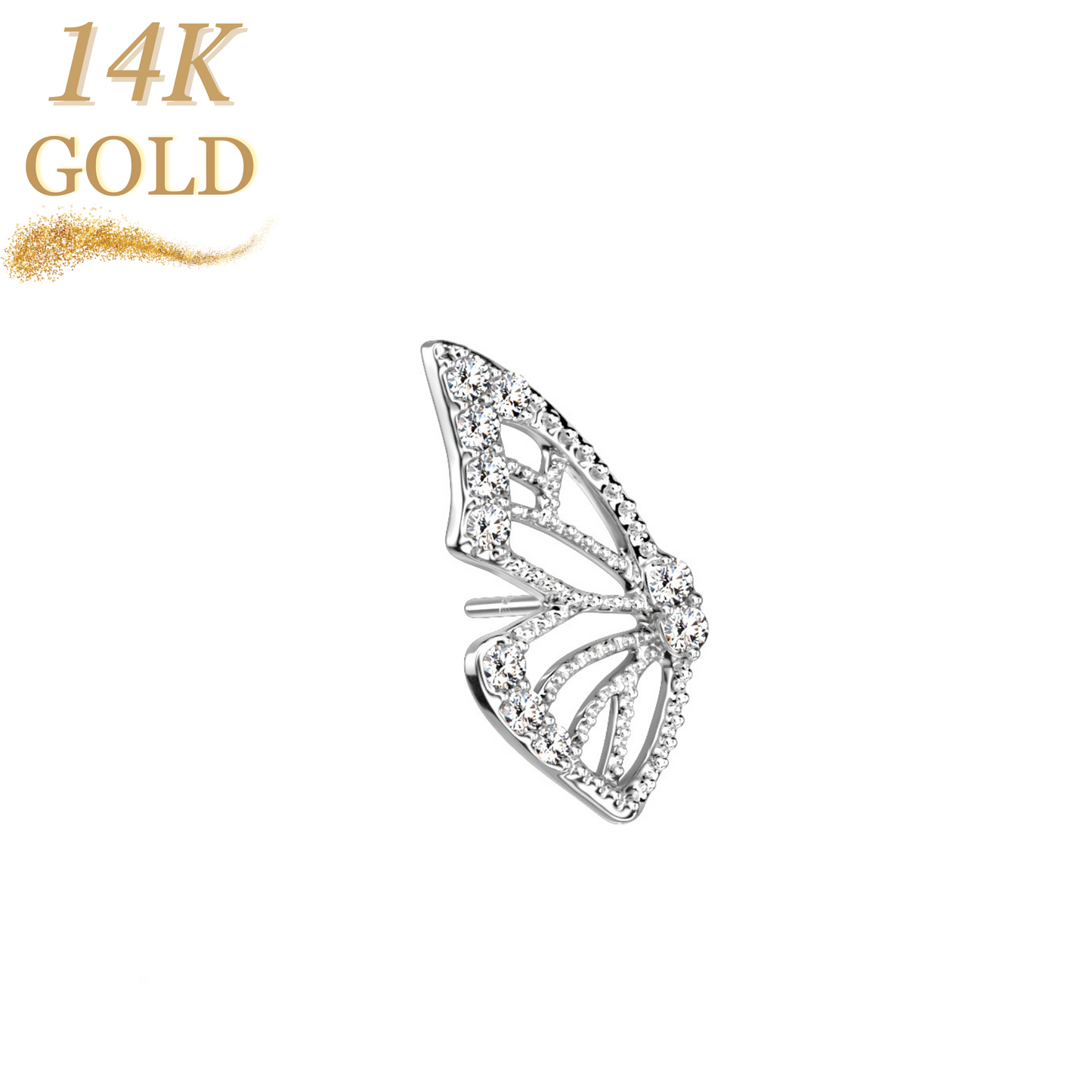14K Gold Threadless Butterfly Wing with Paved CZ Left or Right Ear (Top Only)