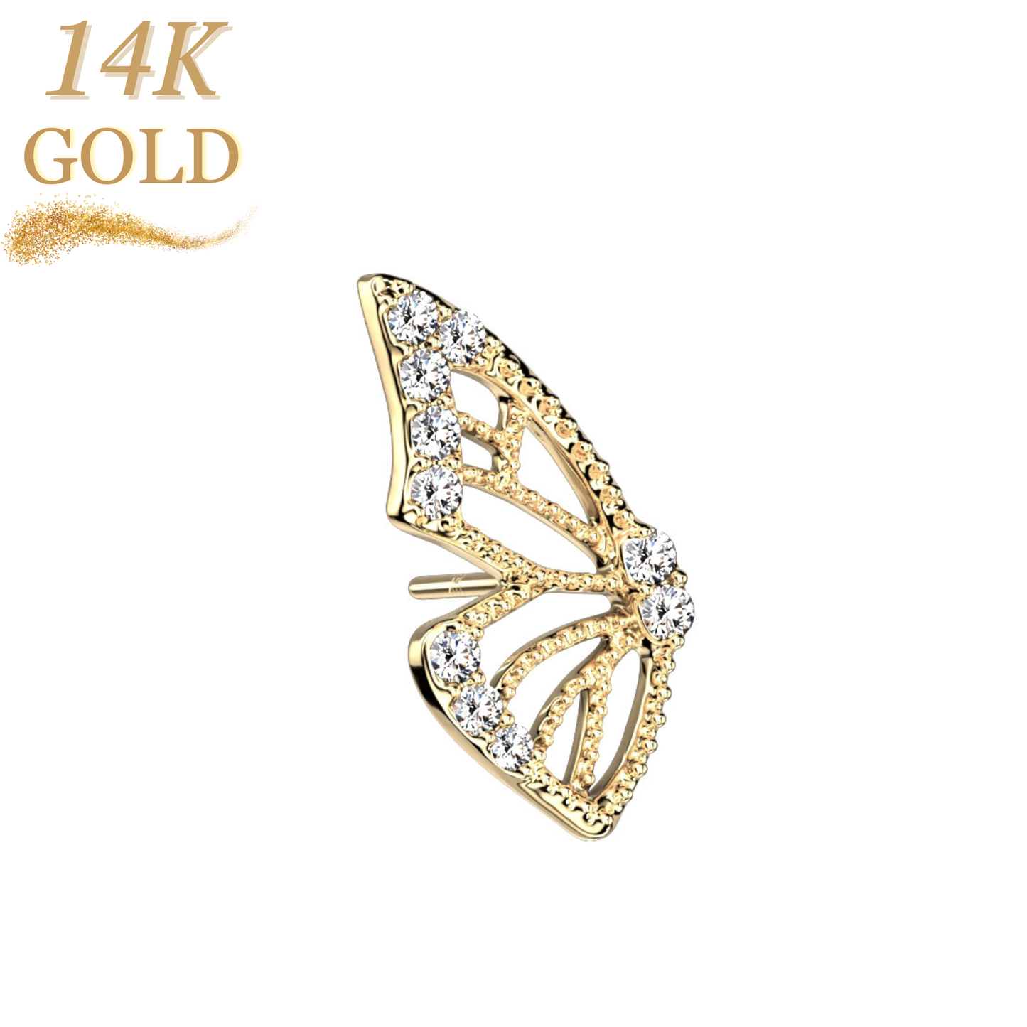 14K Gold Threadless Butterfly Wing with Paved CZ Left or Right Ear (Top Only)
