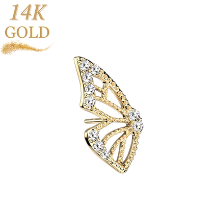 14K Gold Threadless Butterfly Wing with Paved CZ Left or Right Ear (Top Only)