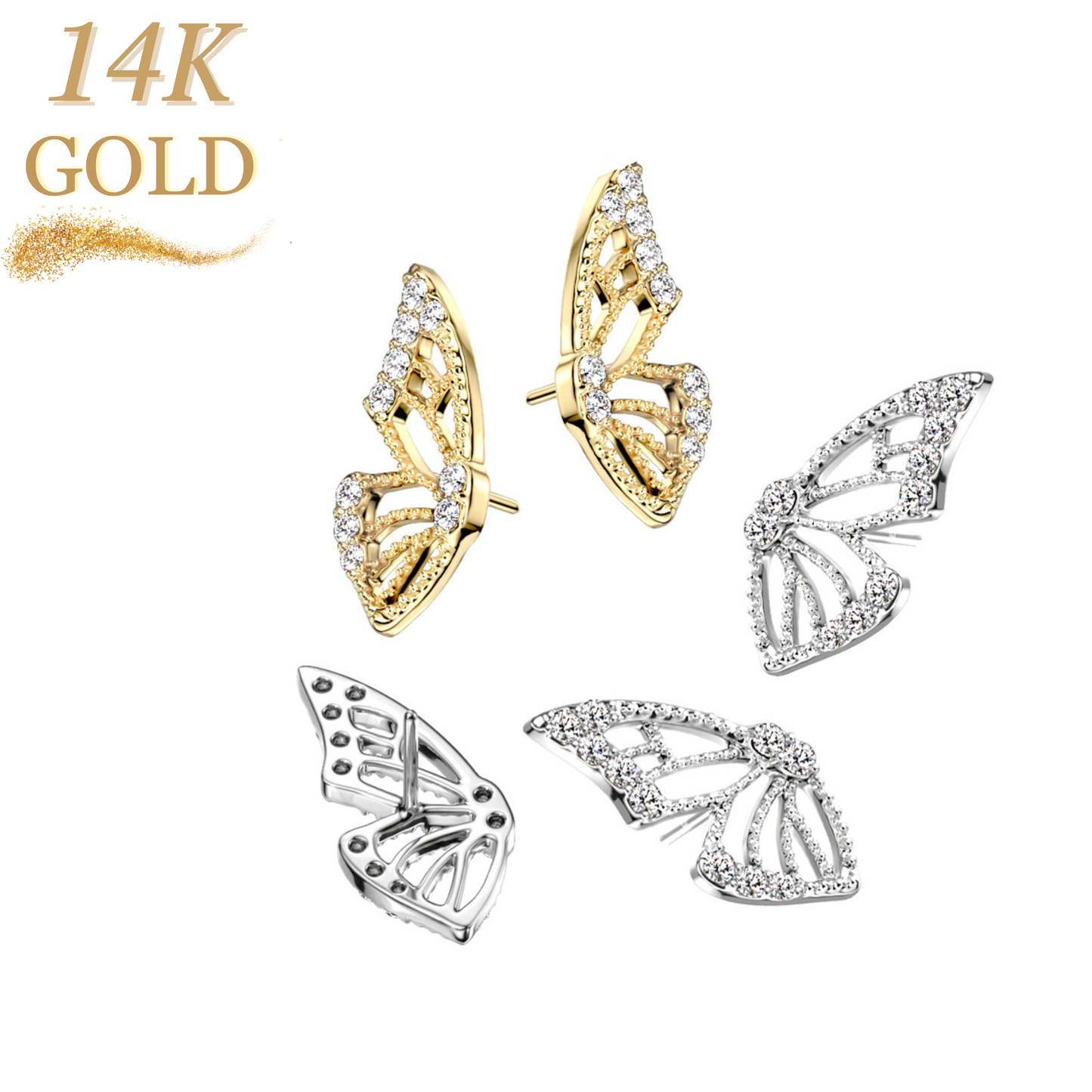 14K Gold Threadless Butterfly Wing with Paved CZ Left or Right Ear (Top Only)