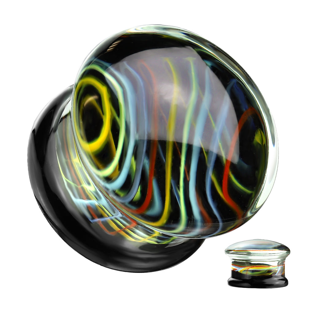 Glass Plug, Double Flare Rainbow Swirl/Black