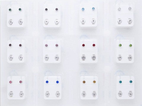Pre-Sterilized Surgical Steel Earrings w/ Bezel Set CZ Birthstone (12Pk-$2.03/pr)