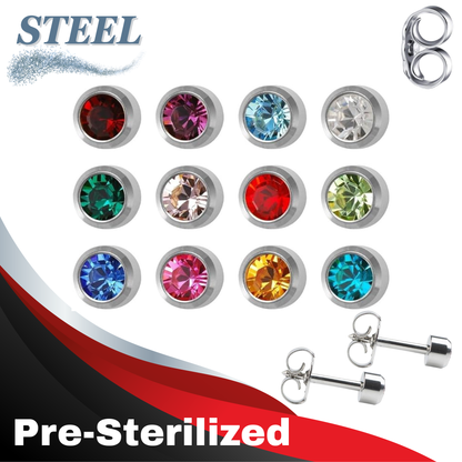 Pre-Sterilized Surgical Steel Earrings w/ Bezel Set CZ Birthstone (12Pk-$2.03/pr)