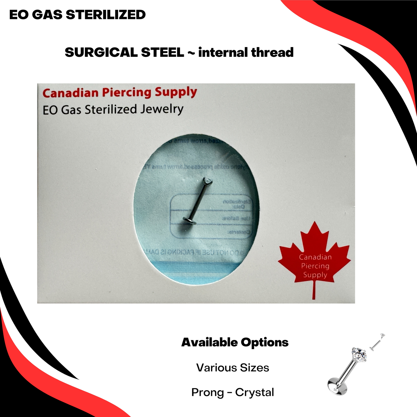 Pre-Sterilized Surgical Steel Internally Threaded Labret w/ Prong Set CZ
