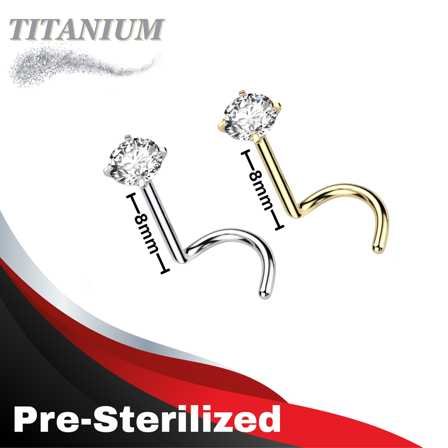 Pre-Sterilized Titanium 18G Piercing Nostril Screws (8mm long) with 2.5mm Prong Crystal Top