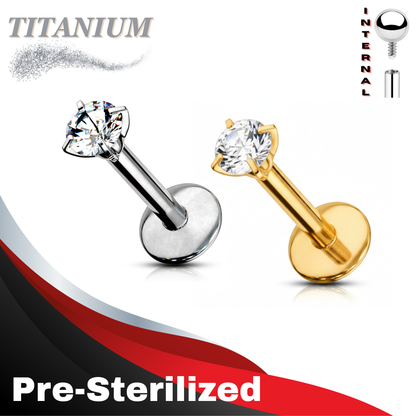 Pre-Sterilized Titanium Internally Threaded Labret w/ Prong Set CZ (4mm base)