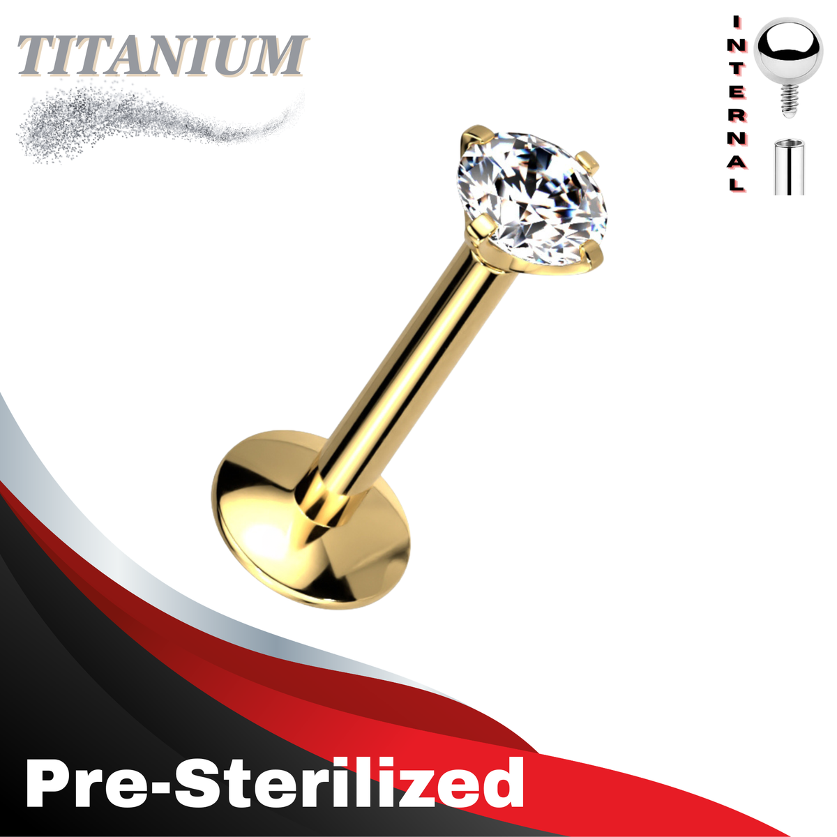 Pre-Sterilized EASY FIT Titanium Internal Thread Prong CZ Labret with Extended Threading