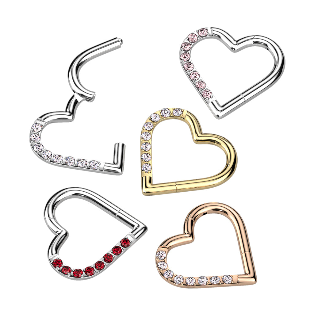 Titanium Hinged Half Paved Heart Ring w/ Gems