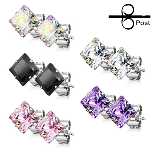 Surgical Steel Square CZ Prong Earrings