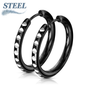 Stainless Steel Hinged Round Cut Black Hoop Earrings