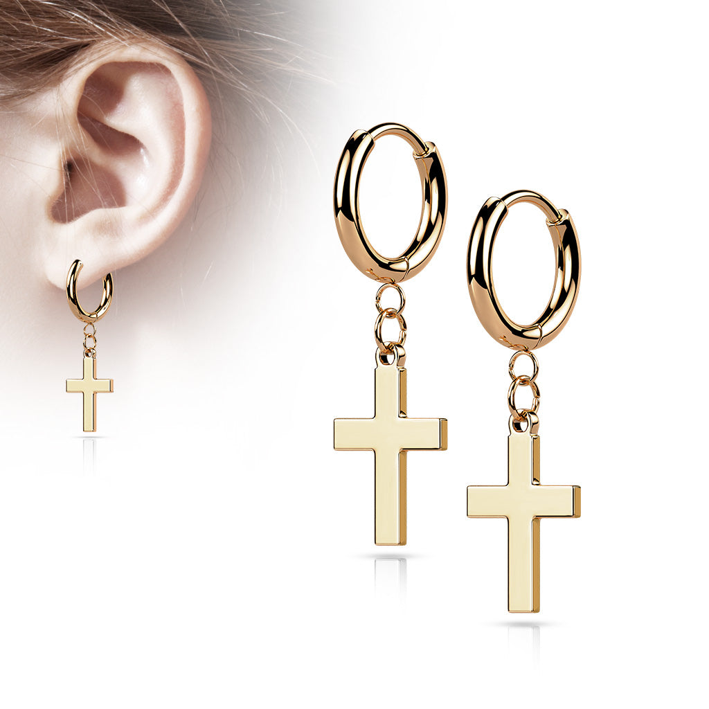 Surgical Steel Hinged Hoop Earrings with Cross Dangle