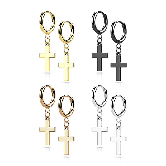 Surgical Steel Hinged Hoop Earrings with Cross Dangle