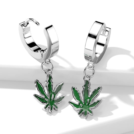Surgical Steel Hoop Earrings with Colored Pot Leaf Dangle