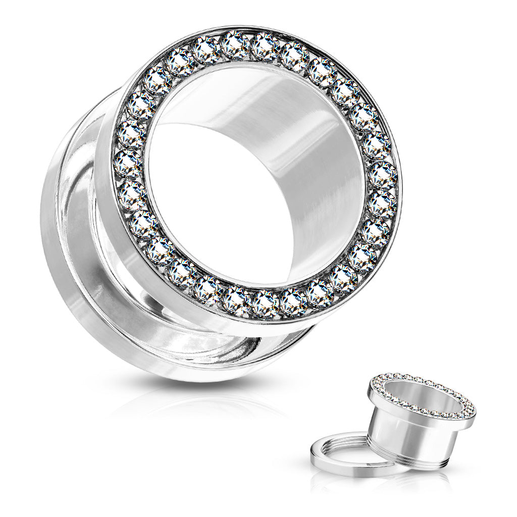 Surgical Steel Plug, CZ Lined Rim Screw Fit Flesh Tunnel