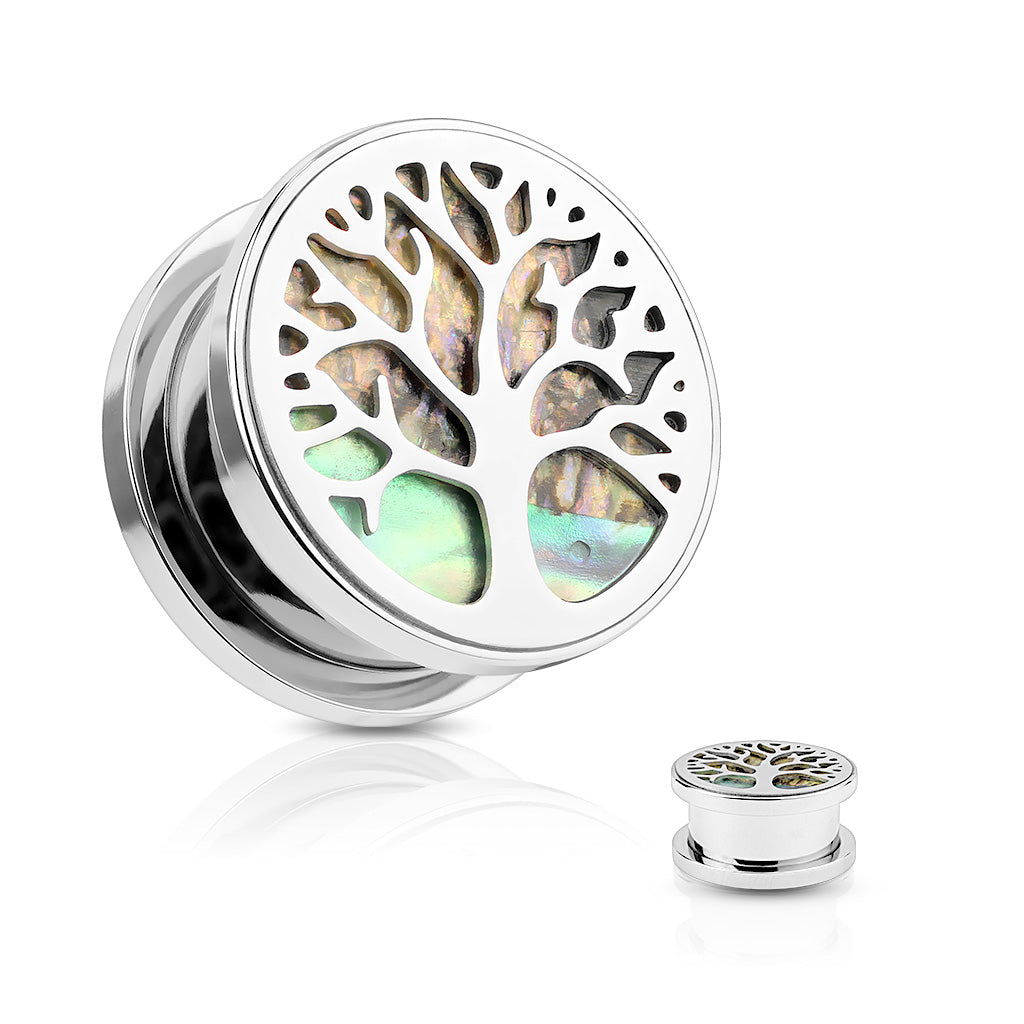 Surgical Steel Plug, Abalone w/ Tree of Life Top Screw Fit Tunnel