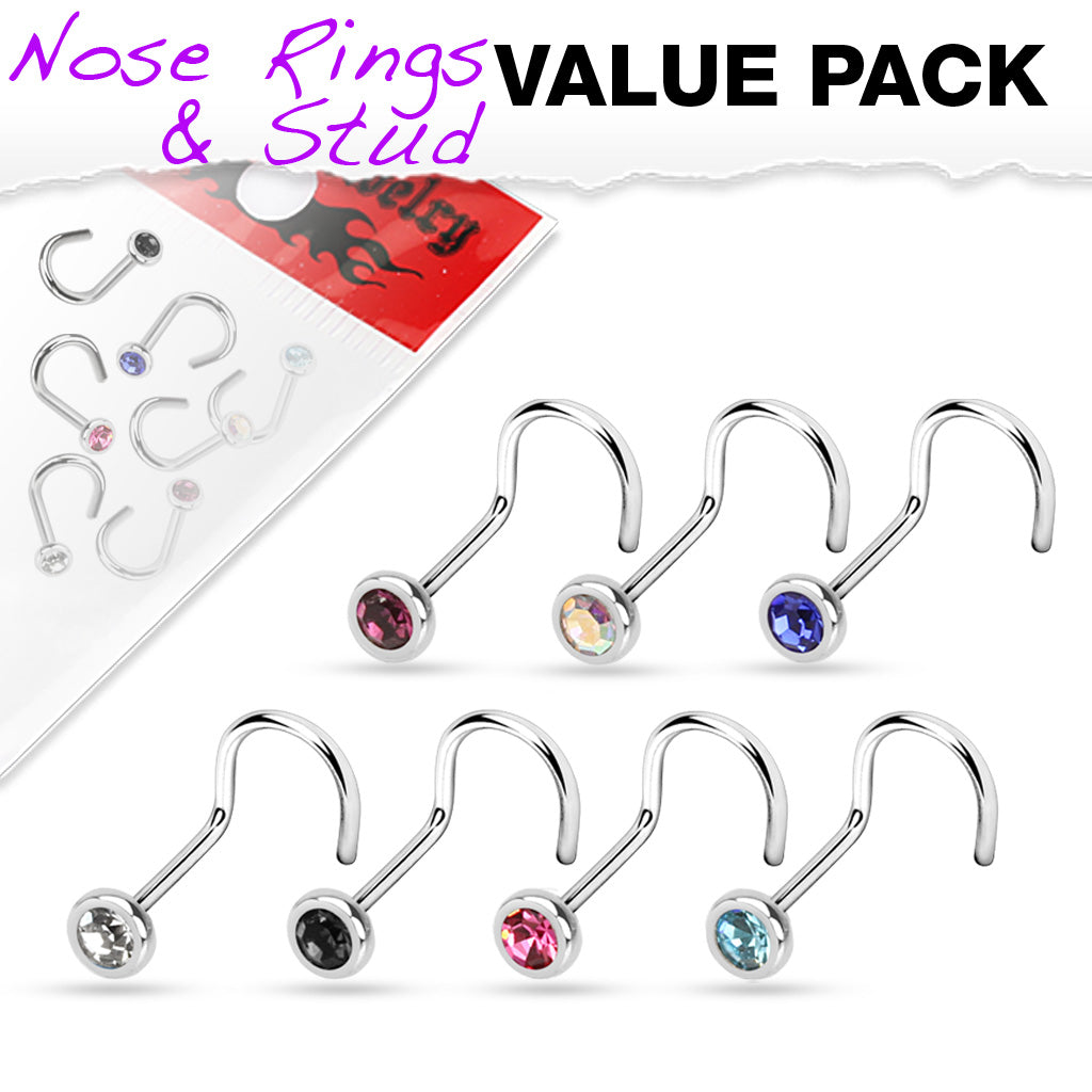 Surgical Steel Corkscrew Nostril w/ Press Fit Gem 7pc Set