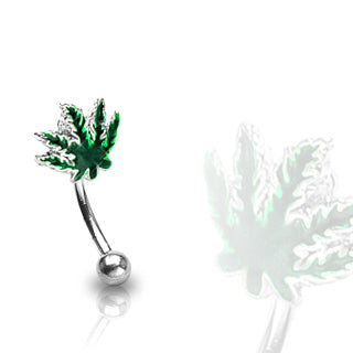 Surgical Steel Externally Threaded Curved Barbell w/ Pot Leaf