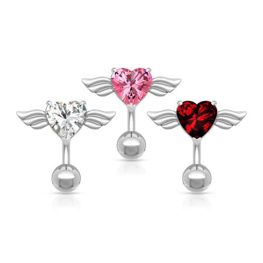 Surgical Steel/Brass Externally Threaded Belly Banana Angel Winged CZ Heart Top Down