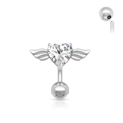 Surgical Steel/Brass Externally Threaded Belly Banana Angel Winged CZ Heart Top Down