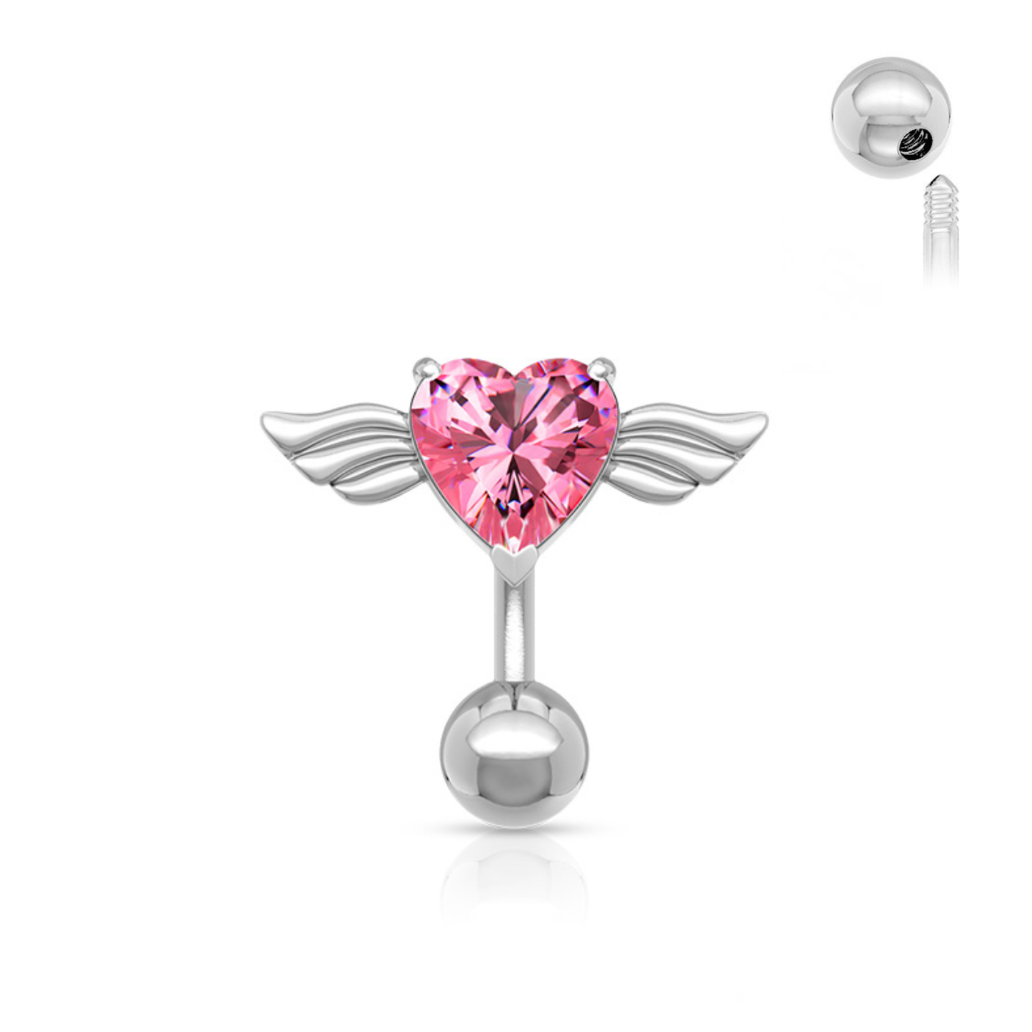 Surgical Steel/Brass Externally Threaded Belly Banana Angel Winged CZ Heart Top Down
