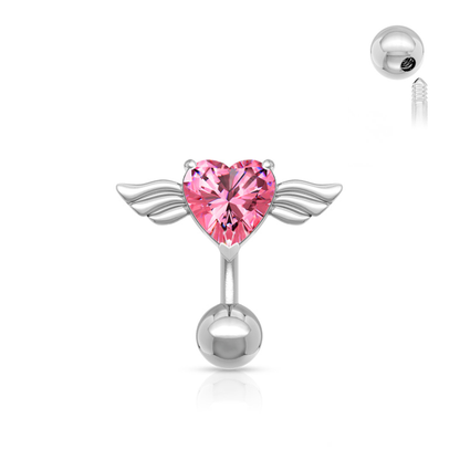 Surgical Steel/Brass Externally Threaded Belly Banana Angel Winged CZ Heart Top Down
