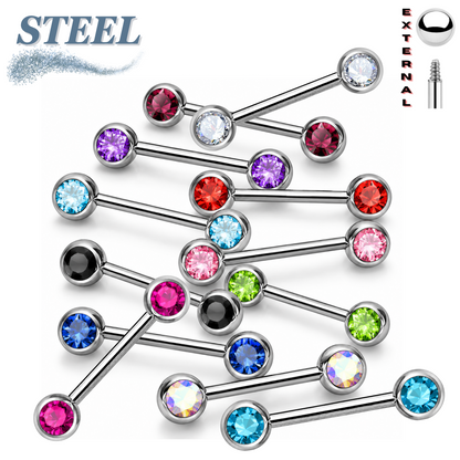 Surgical Steel Externally Threaded Nipple Barbell with Front Facing CZ