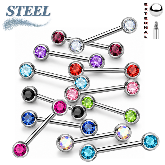 Surgical Steel Externally Threaded Nipple Barbell with Front Facing CZ