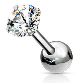 Surgical Steel Externally Threaded Prong Set Clear Round CZ Cartilage Barbell Stud
